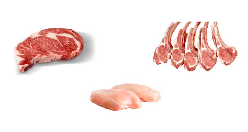 Kött, styckdelar från nöt, lamm och kyckling